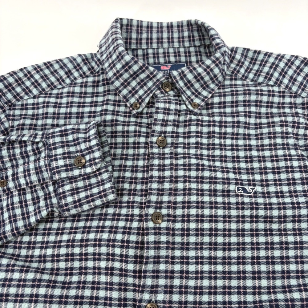 Vineyard Vines Mens Flannel Shirt Medium Blue Navy Pink Plaid Button Down Cotton
